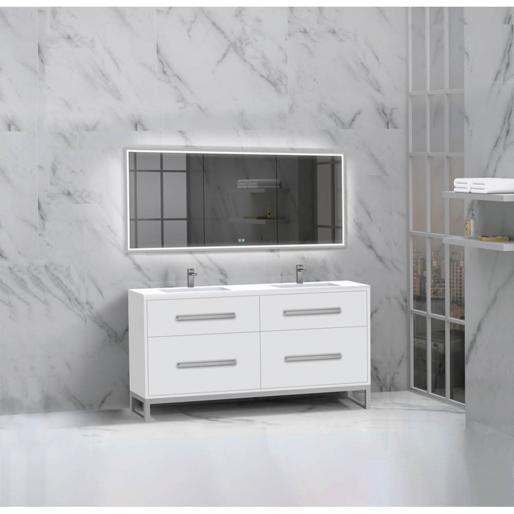 Pinnacle  60D'' Free Standing Vanity Cabinet in White/HW:  Polished Chrome(PC)