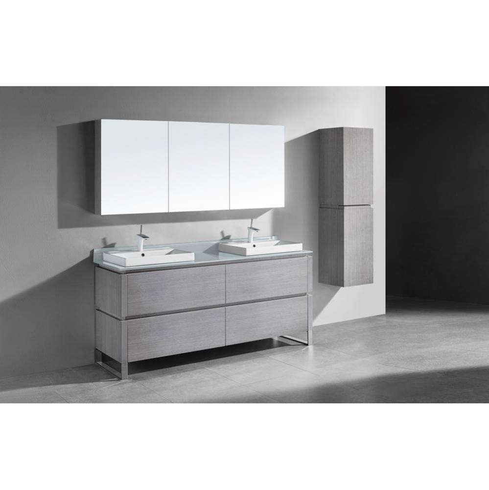 Metro 72''. Ash Grey, Free Standing Cabinet.2-Bowls, Polished Chrome L-Legs (X4), 71-5/8