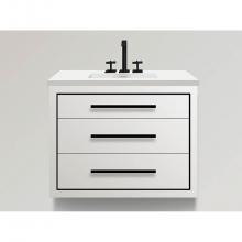 Madeli B850-36-002-WH-SB - Villa 36''. White, Wall Hung Cabinet, Satin Brass Handles(X3)/, Inlay, 35-5/8'&apos