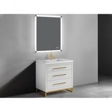 Madeli B860-36-001-LL-WH-SB - Estate 36''. White, Free Standing Cabinet, Satin Brass, Handles(X3)/L-Legs(X4)/Inlay, 35