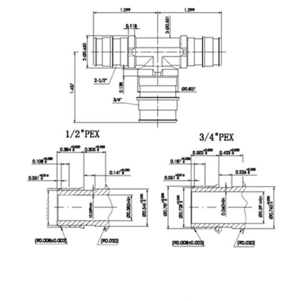 1/2'' X 1/2'' X 3/4'' Lead Free Pex     F1960 Bull Head Tee