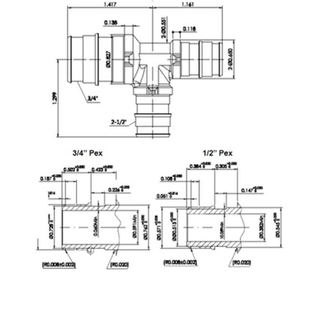 3/4'' X 1/2'' X 1/2'' Lead Free Pex     F1960 Reducing Tee