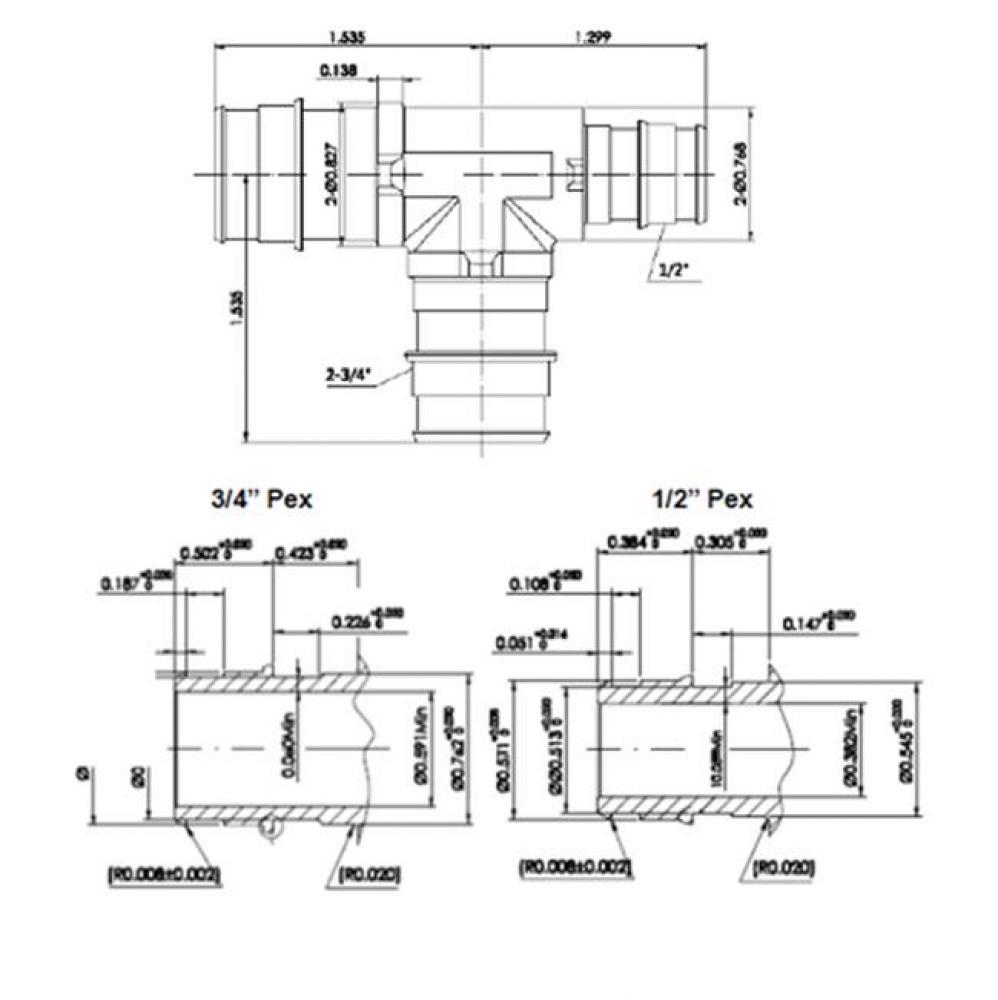 3/4'' X 1/2'' X 3/4'' Lead Free Pex     F1960 Reducing Tee