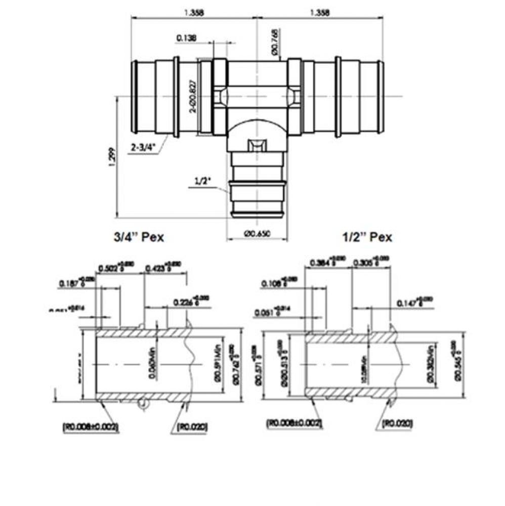 3/4'' X 3/4'' X 1/2'' Lead Free Pex     F1960 Reducing Tee