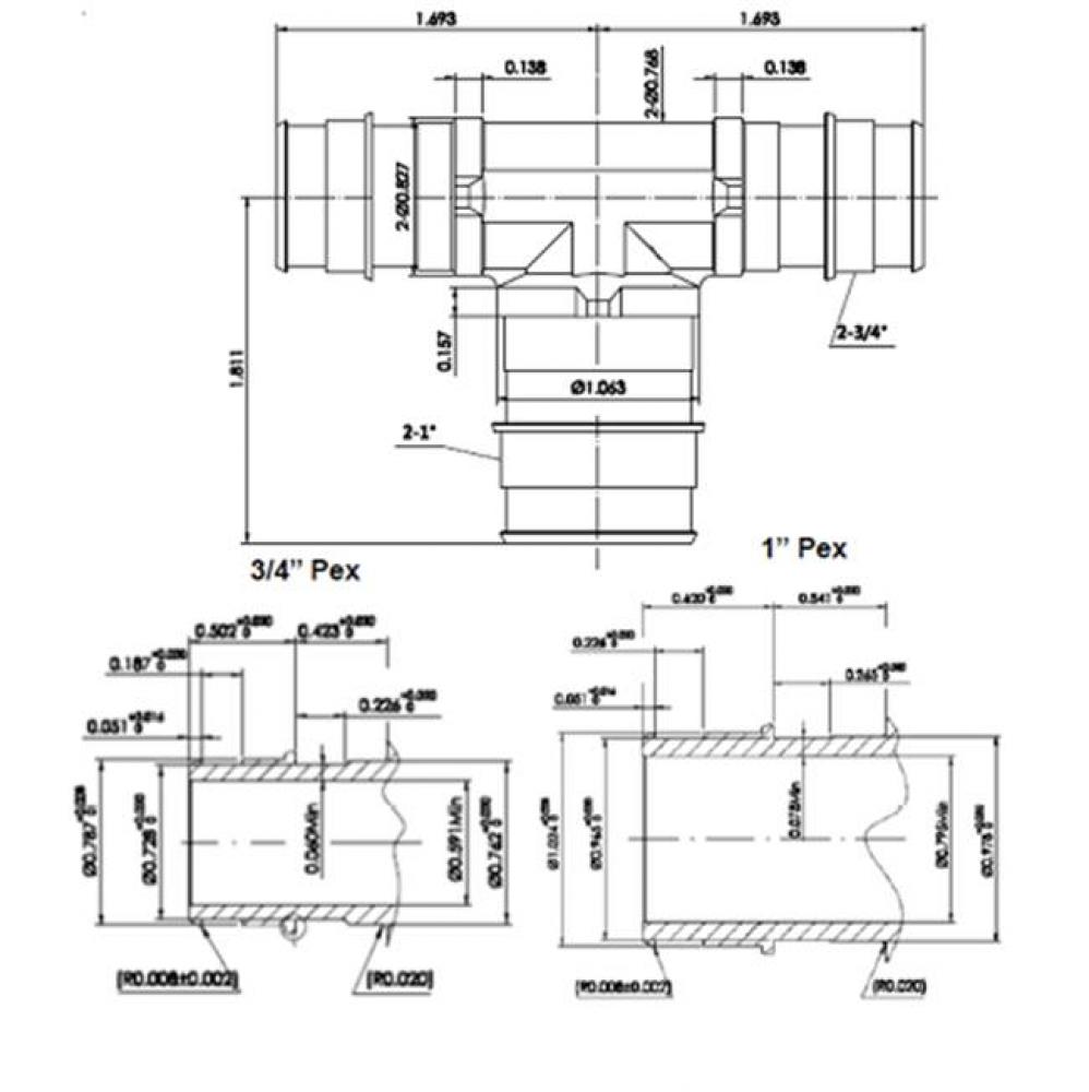 3/4'' X 3/4'' X 1'' Lead Free Pex       F1960 Bull Head Tee