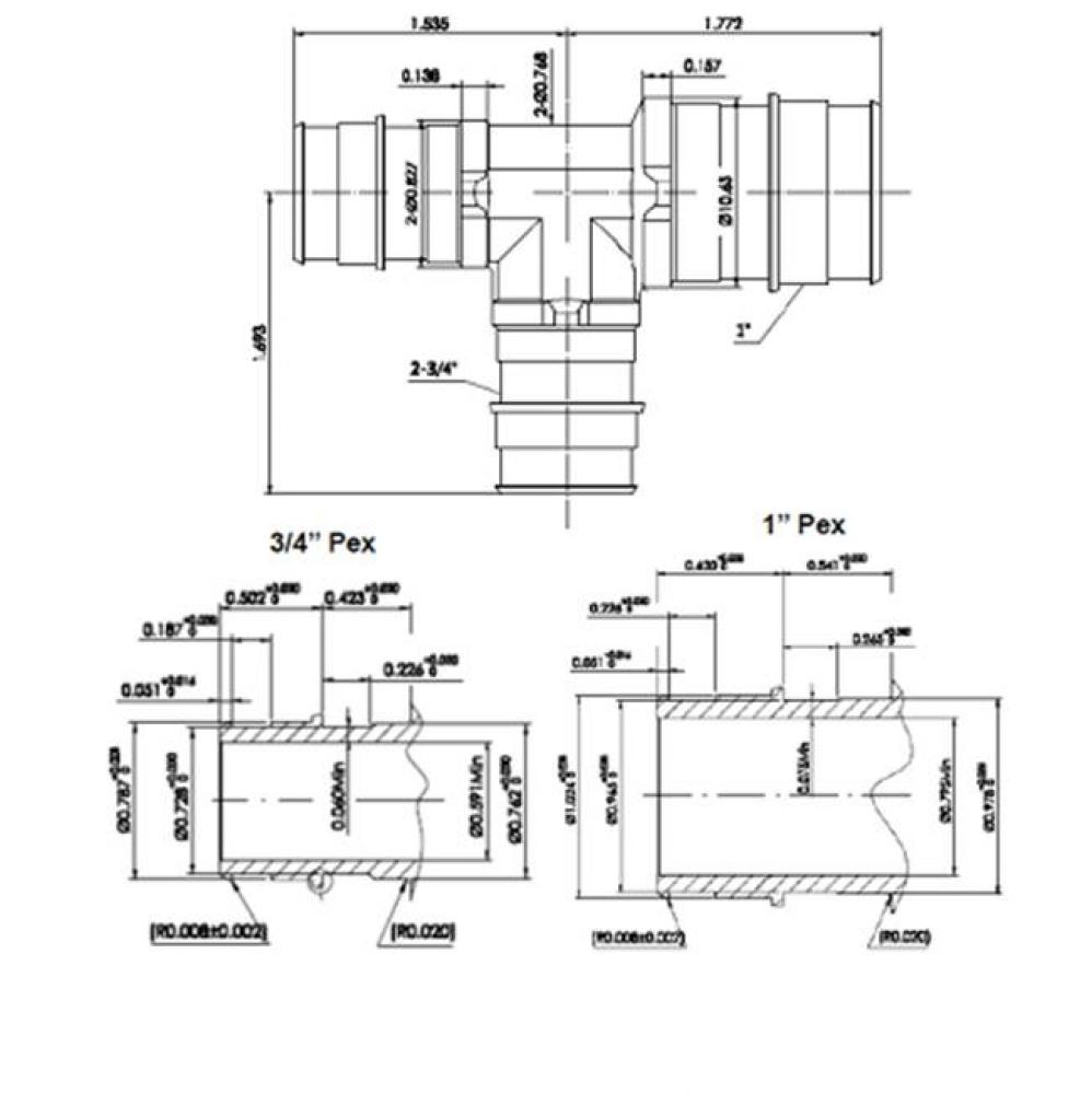 1'' X 3/4'' X 3/4'' Lead Free Pex       F1960 Reducing Tee