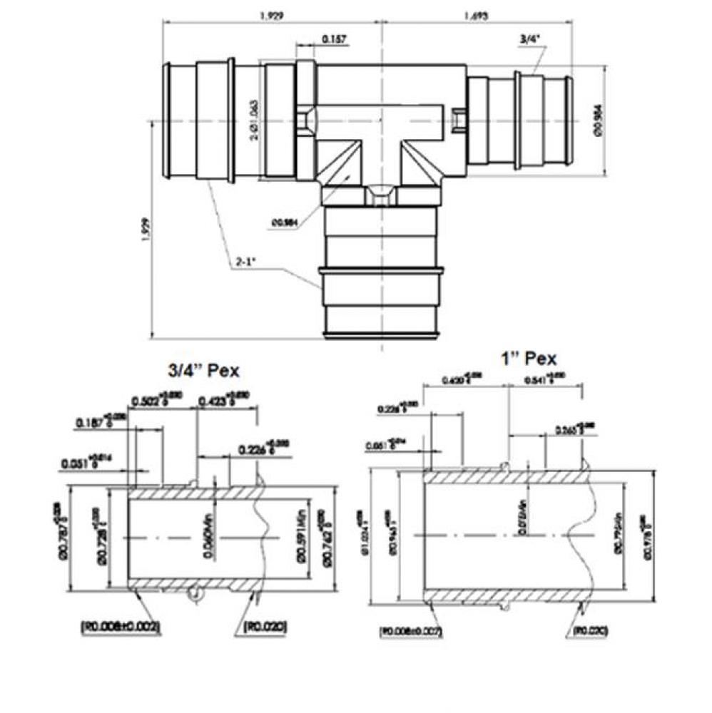 1'' X 3/4'' X 1'' Lead Free Pex F1960   Reducing Tee