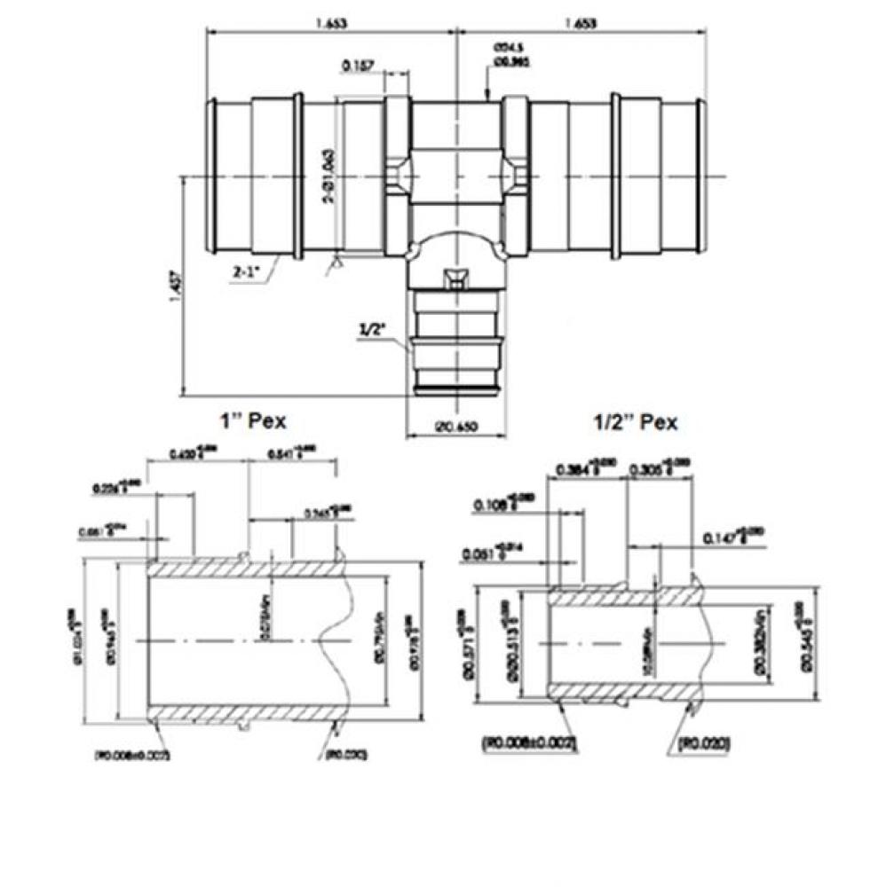 1'' X 1'' X 1/2'' Lead Free Pex F1960   Reducing Tee