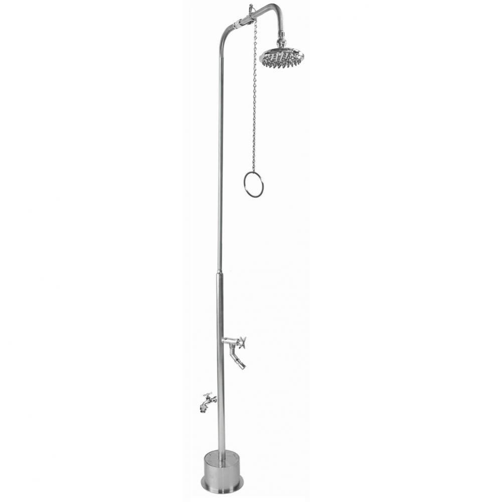 Free Standing Single Supply Shower - Pull Chain Valve, 8'' Shower Head, Hose Bibb, Cross