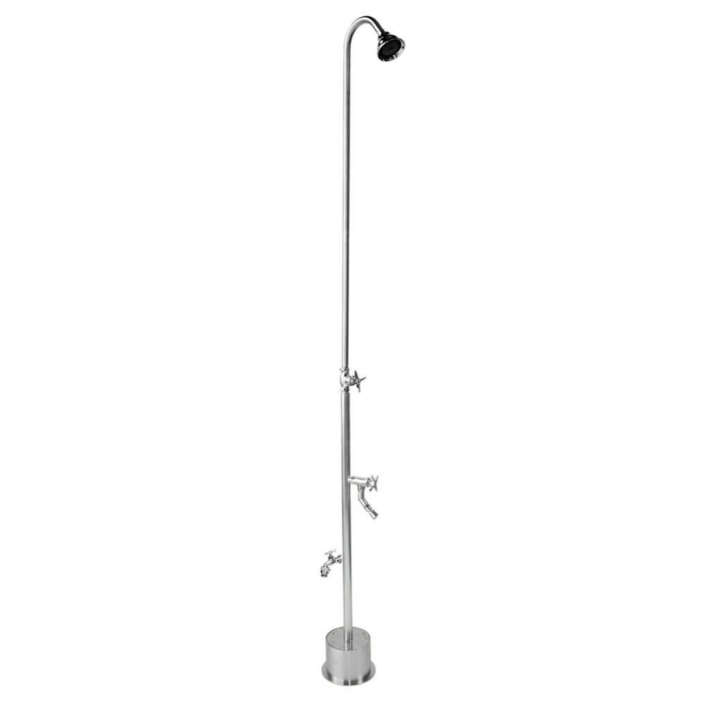 Free Standing Single Supply Shower - Cross Handle Valve, 3'' Shower Head, Hose Bibb, Foo