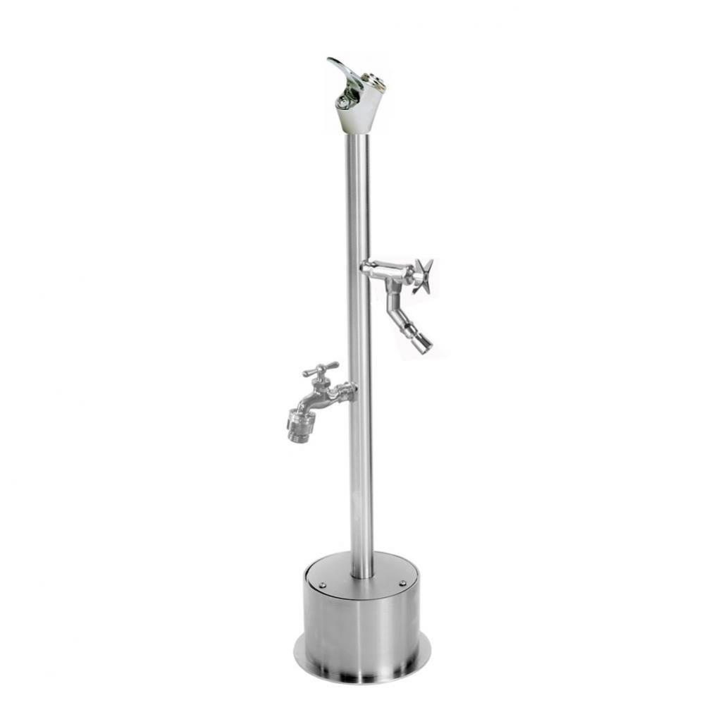 Free Standing Single Supply Push Button Drinking Fountain, Cross Handle Foot Shower, Hose Bibb