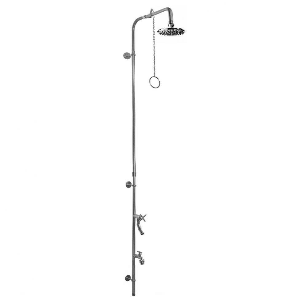 Wall Mount Single Supply Shower - Pull Chain Valve, 8'' Shower Head, Hose Bibb, ADA Mete