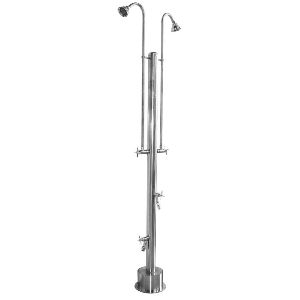 Free Standing Single Supply Shower - Cross Handle Valve, Two 3'' Shower Heads, Foot Show