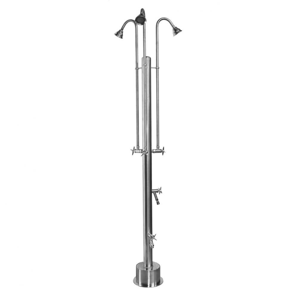 Free Standing Single Supply Shower - Cross Handle Valves, Three 3'' Shower Heads, Foot S