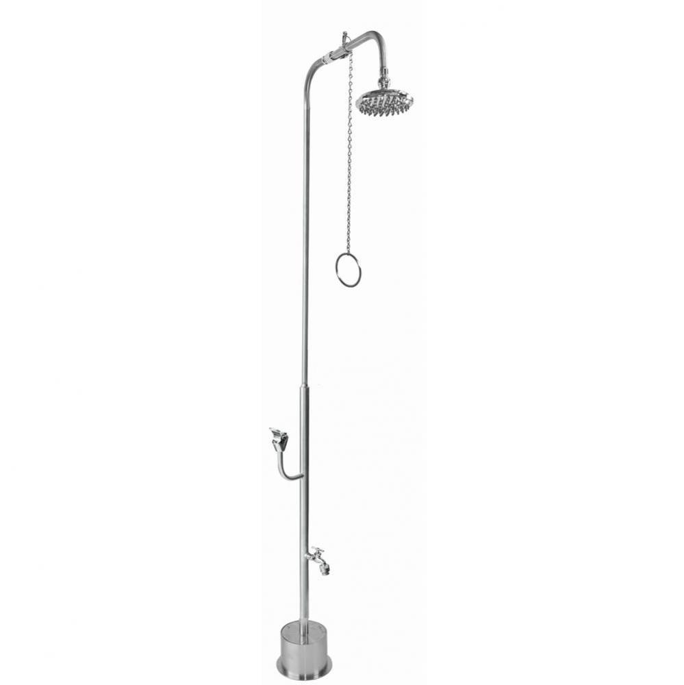 Free Standing Single Supply Shower - Pull Chain Valve, 8'' Shower Head, Hose Bibb, Push