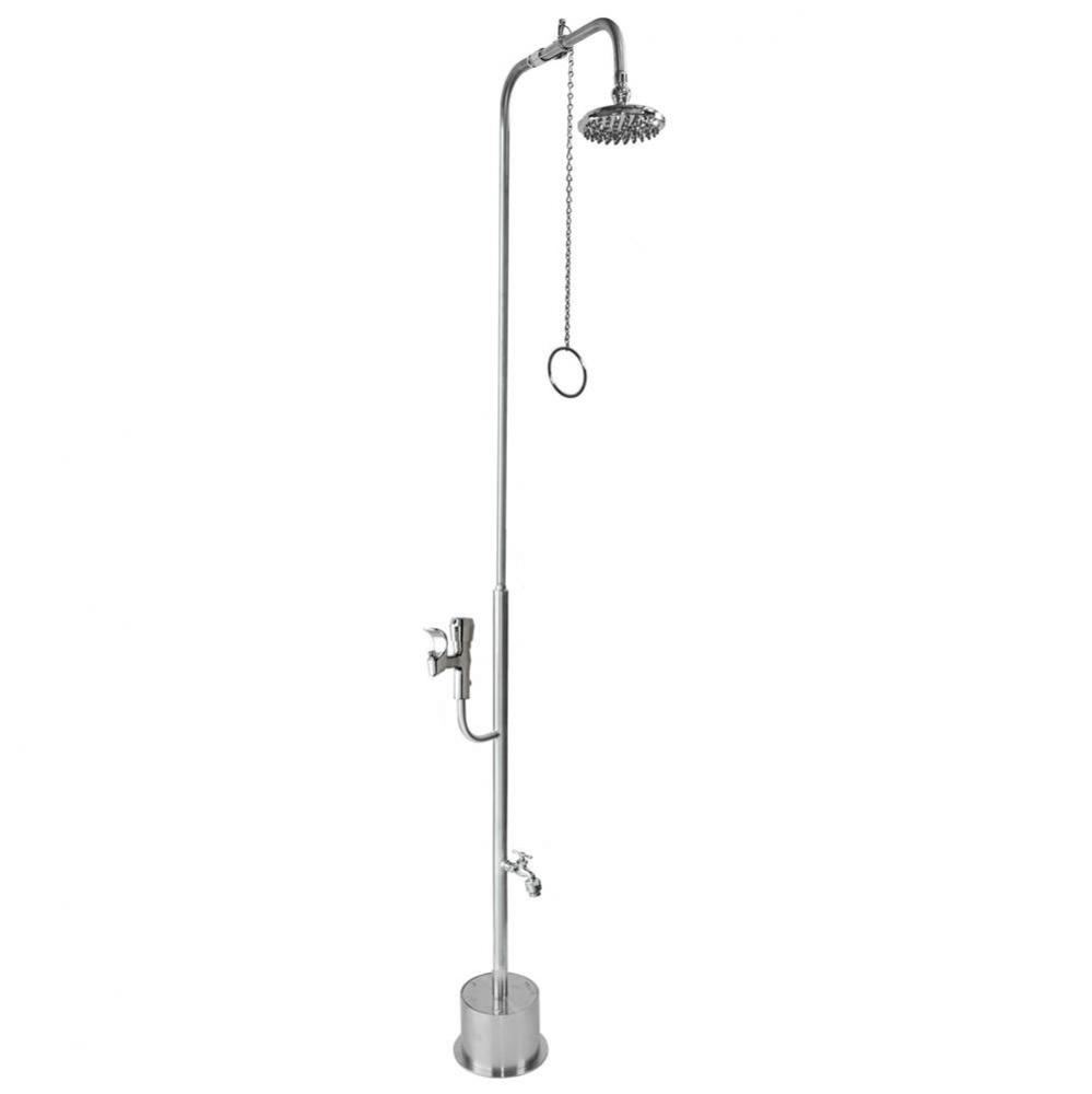 Free Standing Single Supply Shower - Pull Chain Valve, 8'' Shower Head, Hose Bibb, ADA M