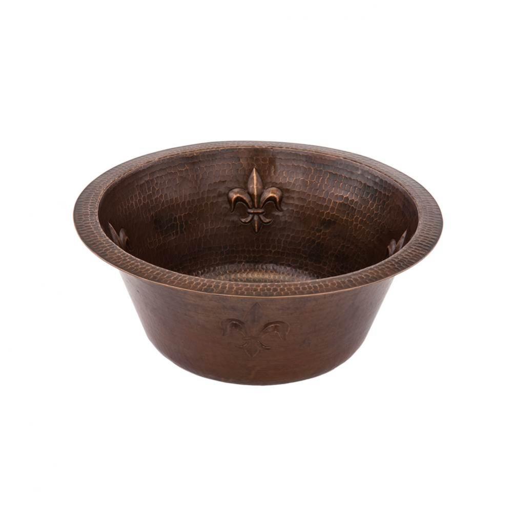 16'' Round Copper Bar Sink w/ Fleur De Lis and 2'' Drain Size