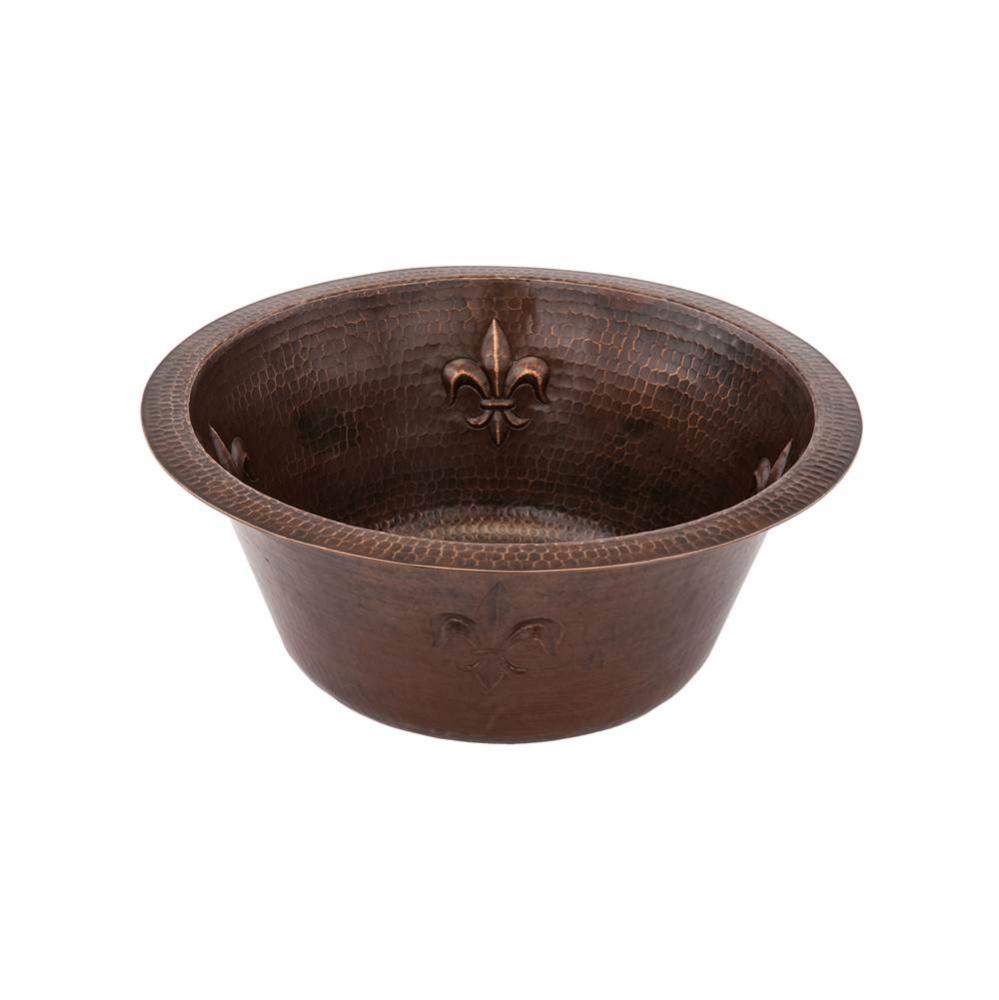 16'' Round Copper Prep Sink w/ Fleur De Lis and 3.5'' Drain Size