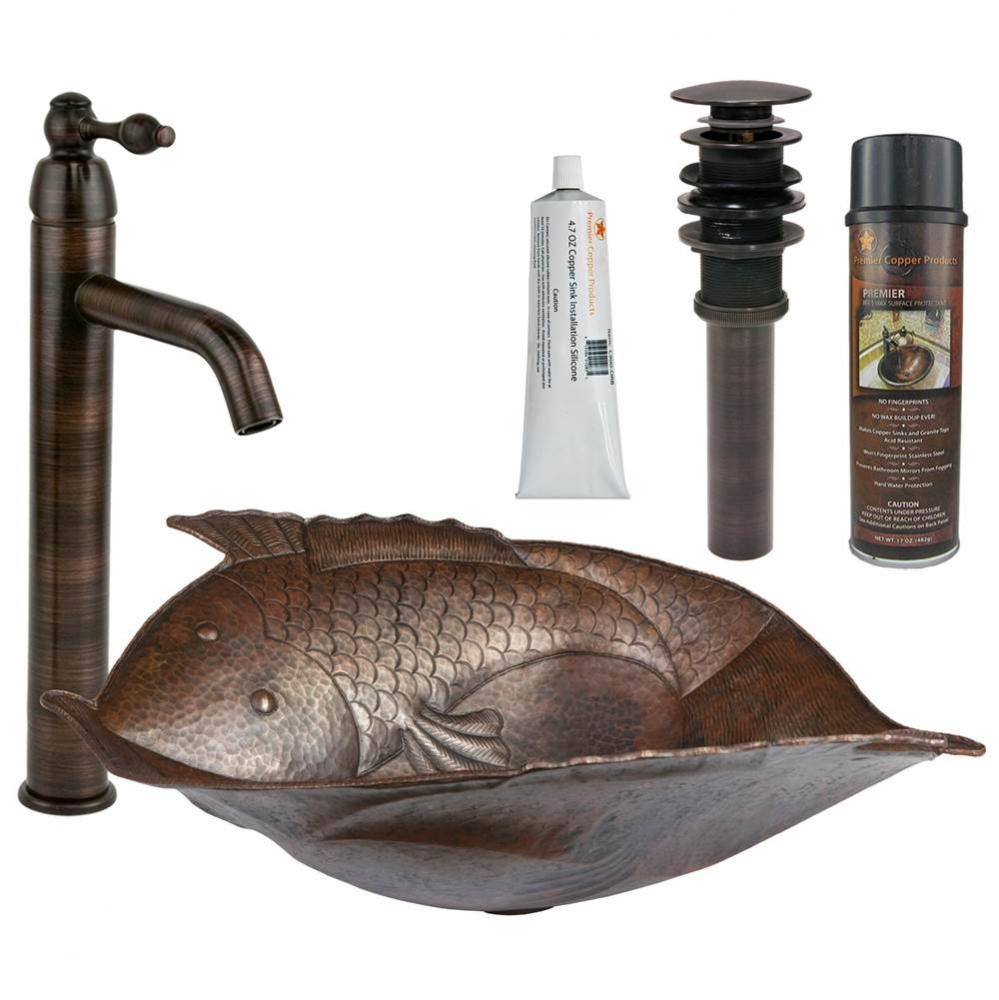 Two Fish Vessel Hammered Copper Sink with ORB Single Handle Vessel Faucet, Matching Drain and Acce