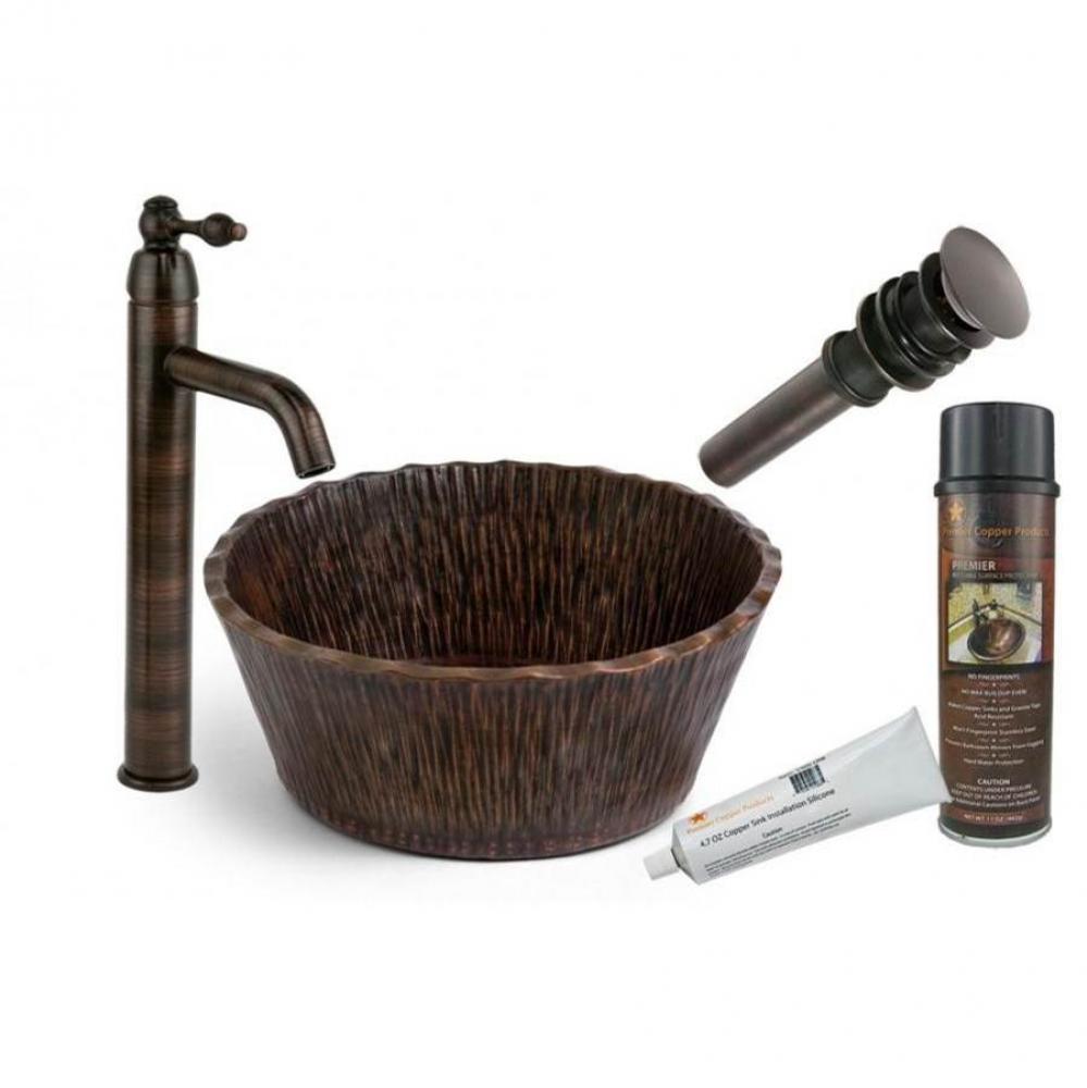 Forest Vessel Hammered Copper Sink with ORB Single Handle Vessel Faucet, Matching Drain and Access
