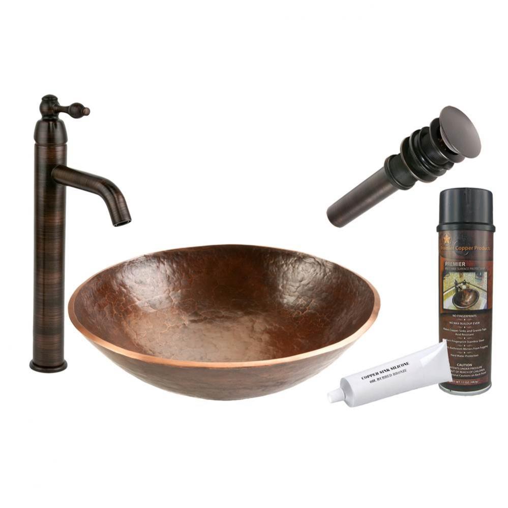 Round Hand Forged Old World Copper Vessel Sink with ORB Single Handle Vessel Faucet, Matching Drai