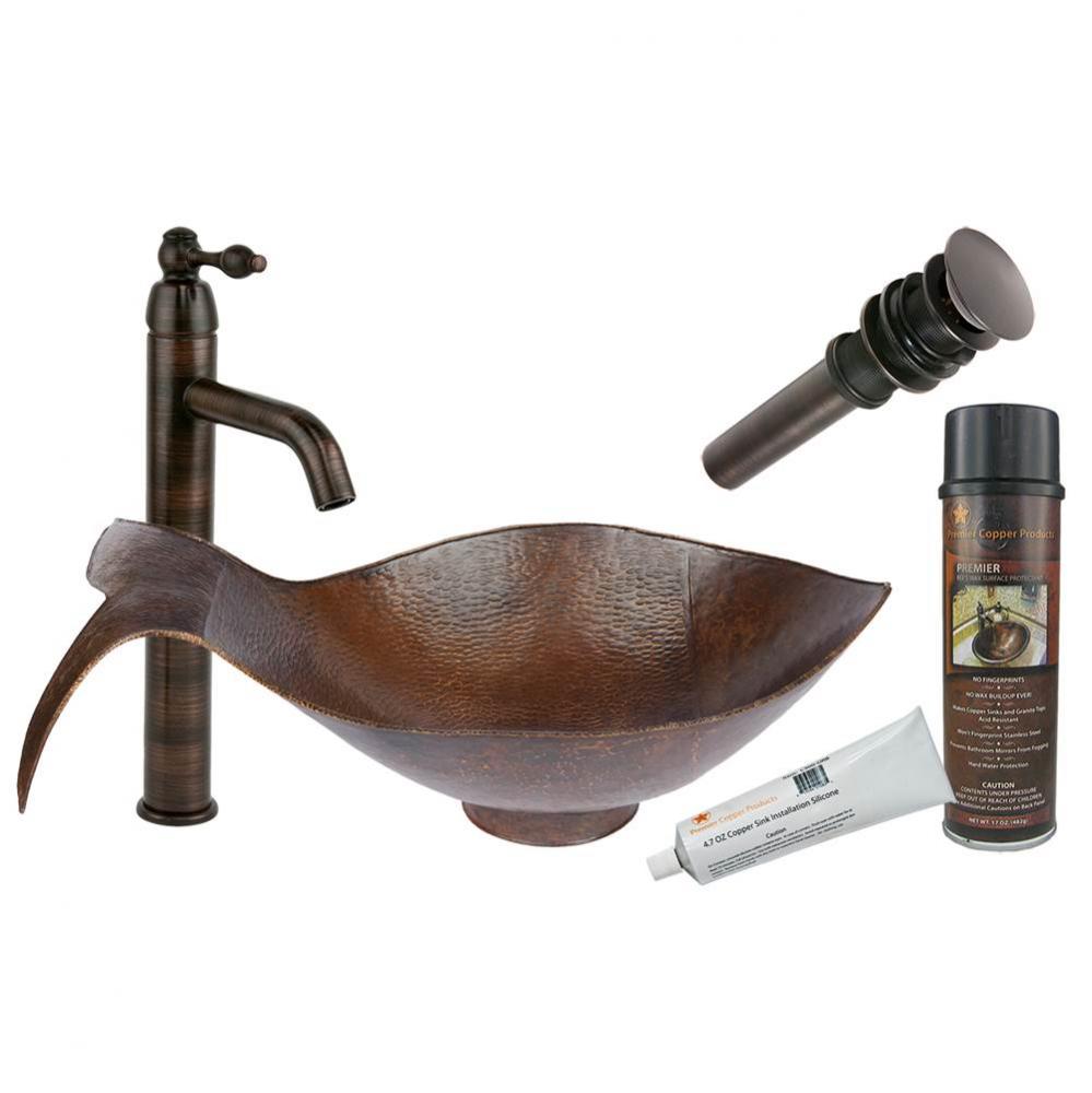 Fish Vessel Hammered Copper Sink with ORB Single Handle Vessel Faucet, Matching Drain and Accessor