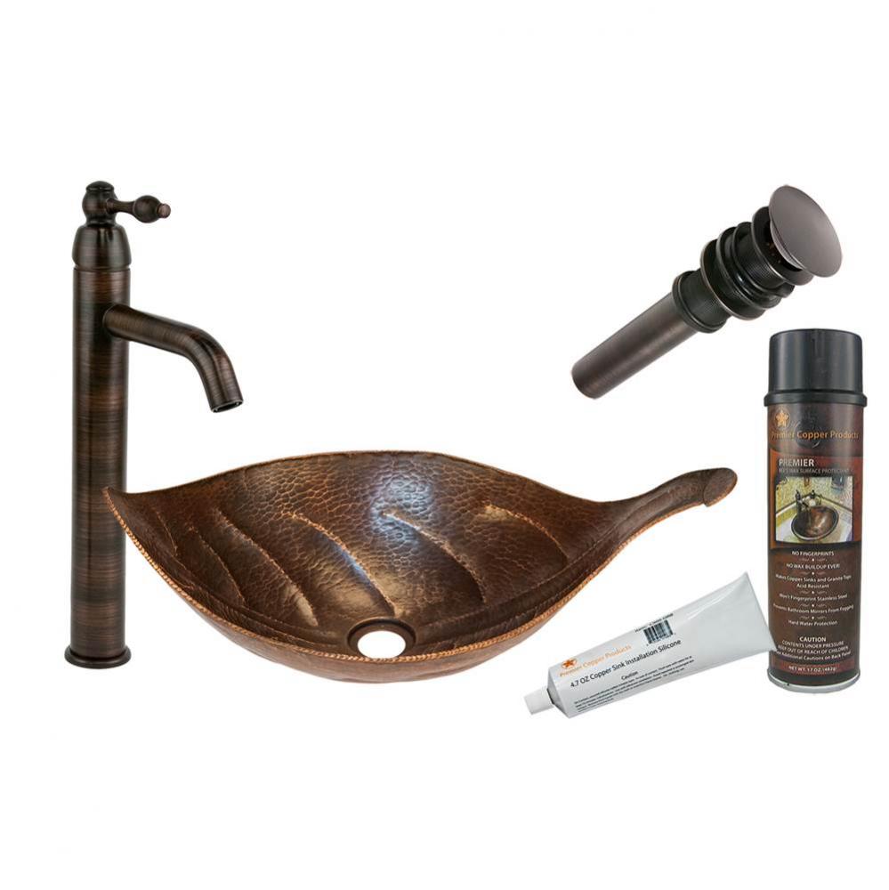 Leaf Vessel Hammered Copper Sink with ORB Single Handle Vessel Faucet, Matching Drain and Accessor