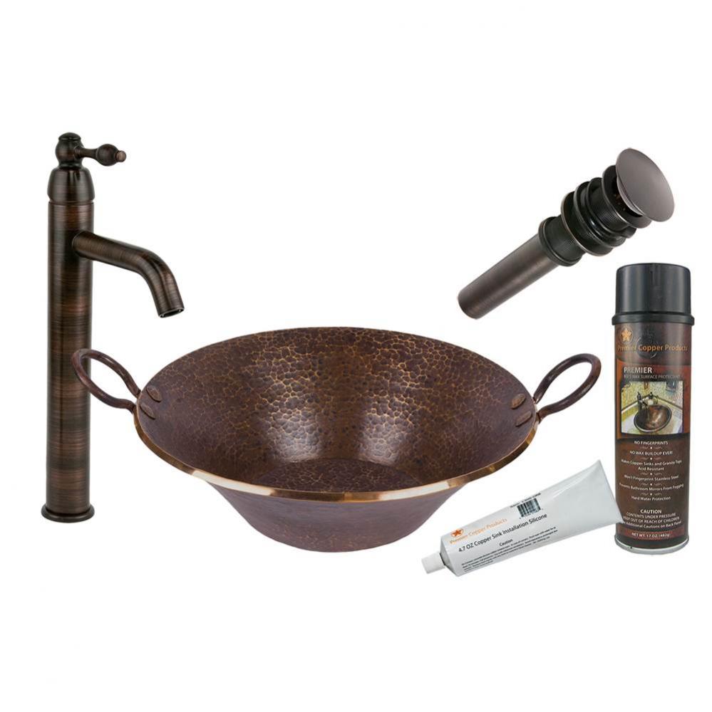 Hand Forged Old World Miners Pan Copper Vessel Sink with ORB Single Handle Vessel Faucet, Matching