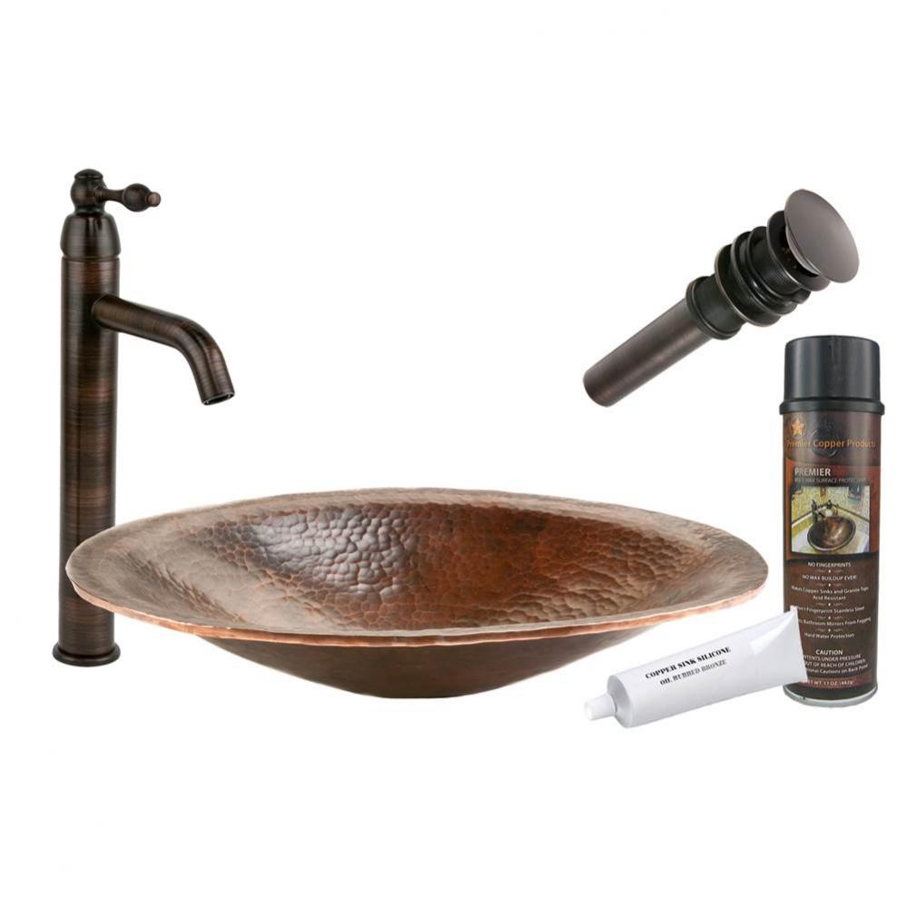 Oval Hand Forged Old World Copper Vessel Sink with ORB Single Handle Vessel Faucet, Matching Drain