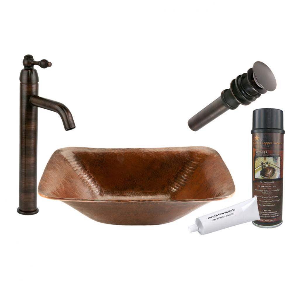 Rectangle Hand Forged Old World Copper Vessel Sink with ORB Single Handle Vessel Faucet, Matching