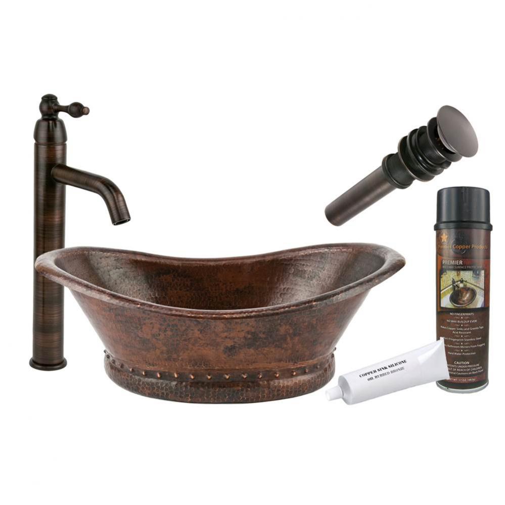 Bath Tub Vessel Hammered Copper Sink with ORB Single Handle Vessel Faucet, Matching Drain and Acce