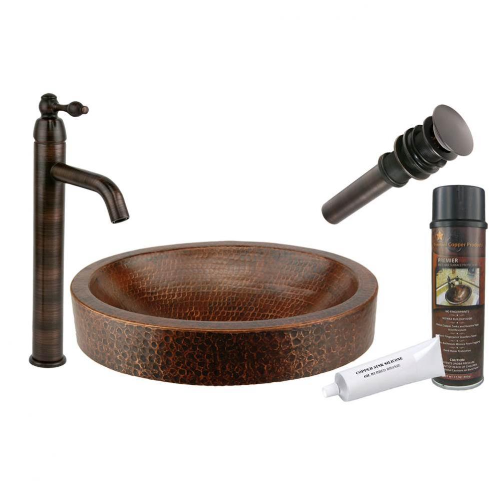 Compact Oval Skirted Vessel Hammered Copper Sink with ORB Single Handle Vessel Faucet, Matching Dr