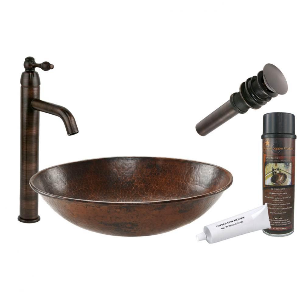 Oval Wired Rimmed Vessel Hammered Copper Sink with ORB Single Handle Vessel Faucet, Matching Drain