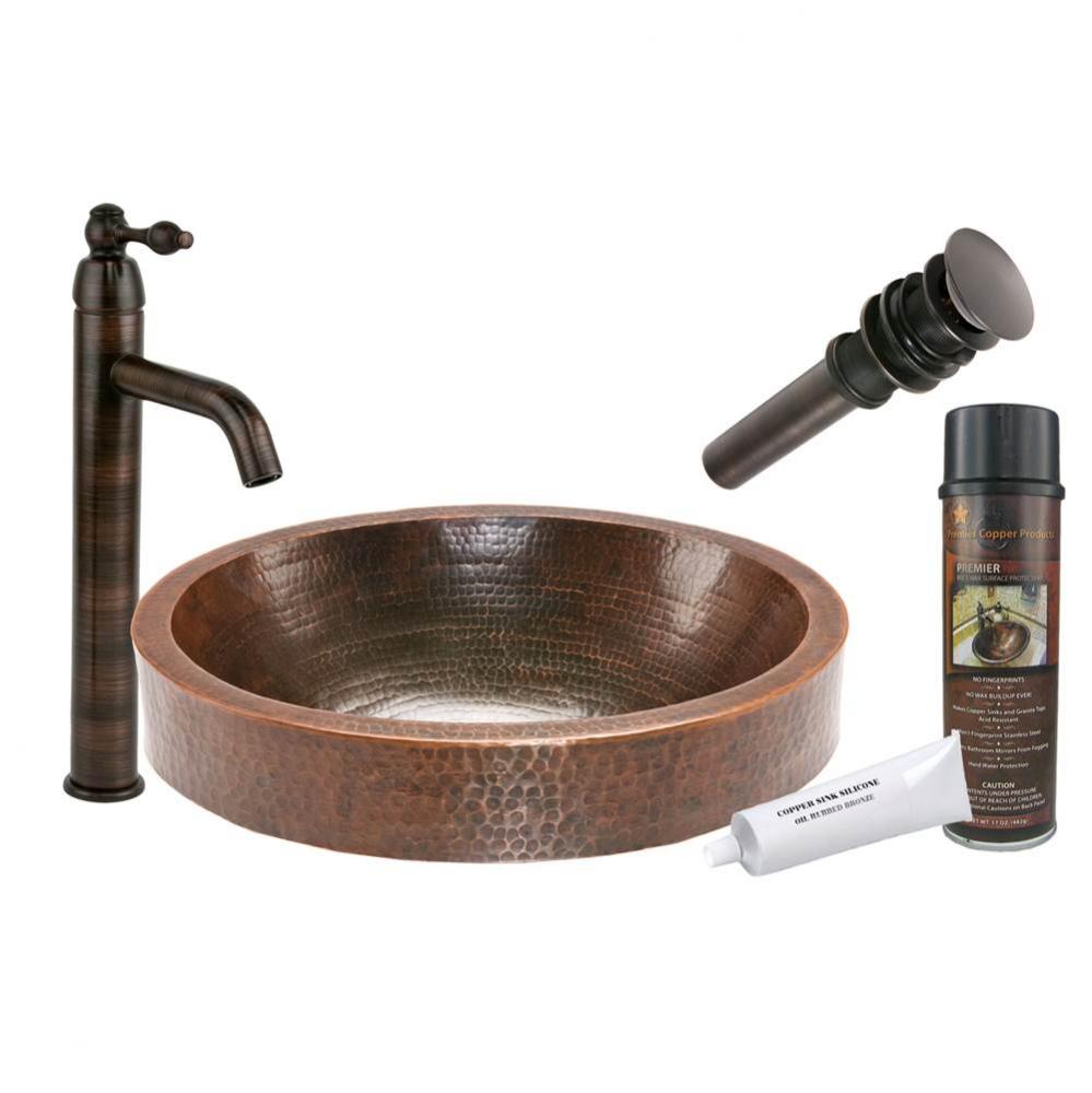 Oval Skirted Vessel Hammered Copper Sink with ORB Single Handle Vessel Faucet, Matching Drain and
