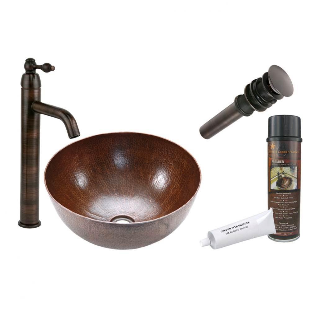 Medium Round Vessel Hammered Copper Sink with ORB Single Handle Vessel Faucet, Matching Drain and