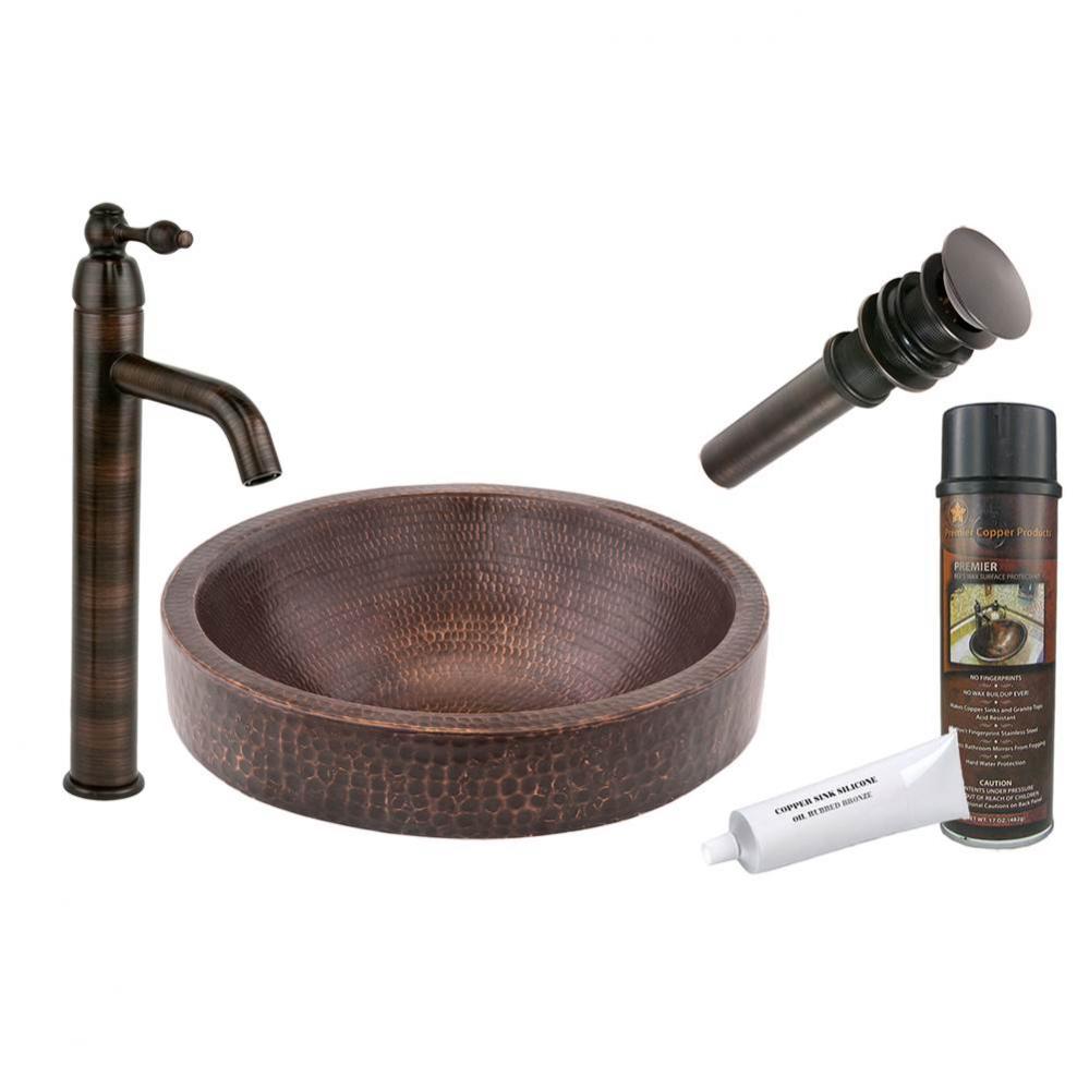 Small Round Skirted Vessel Hammered Copper Sink with ORB Single Handle Vessel Faucet, Matching Dra