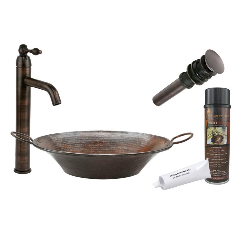 Round Miners Pan Vessel Hammered Copper Sink with ORB Single Handle Vessel Faucet, Matching Drain