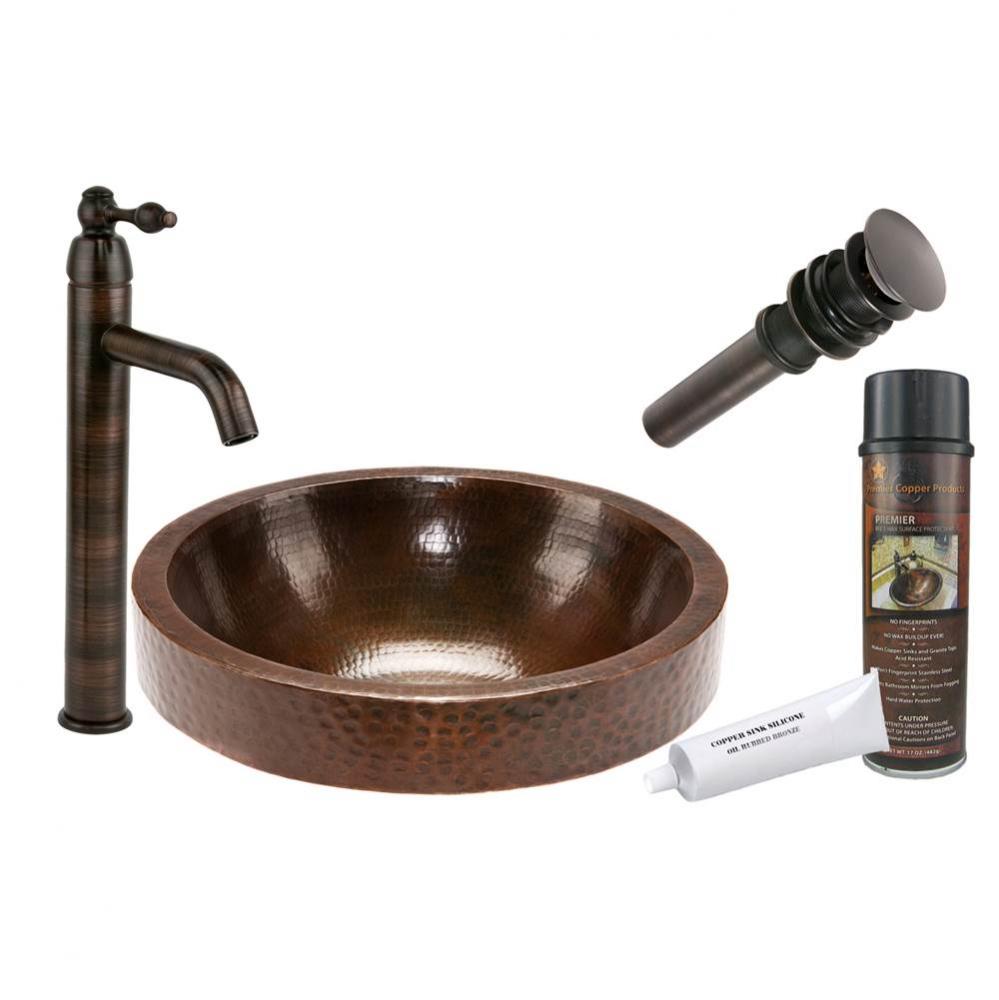 Round Skirted Vessel Hammered Copper Sink with ORB Single Handle Vessel Faucet, Matching Drain and