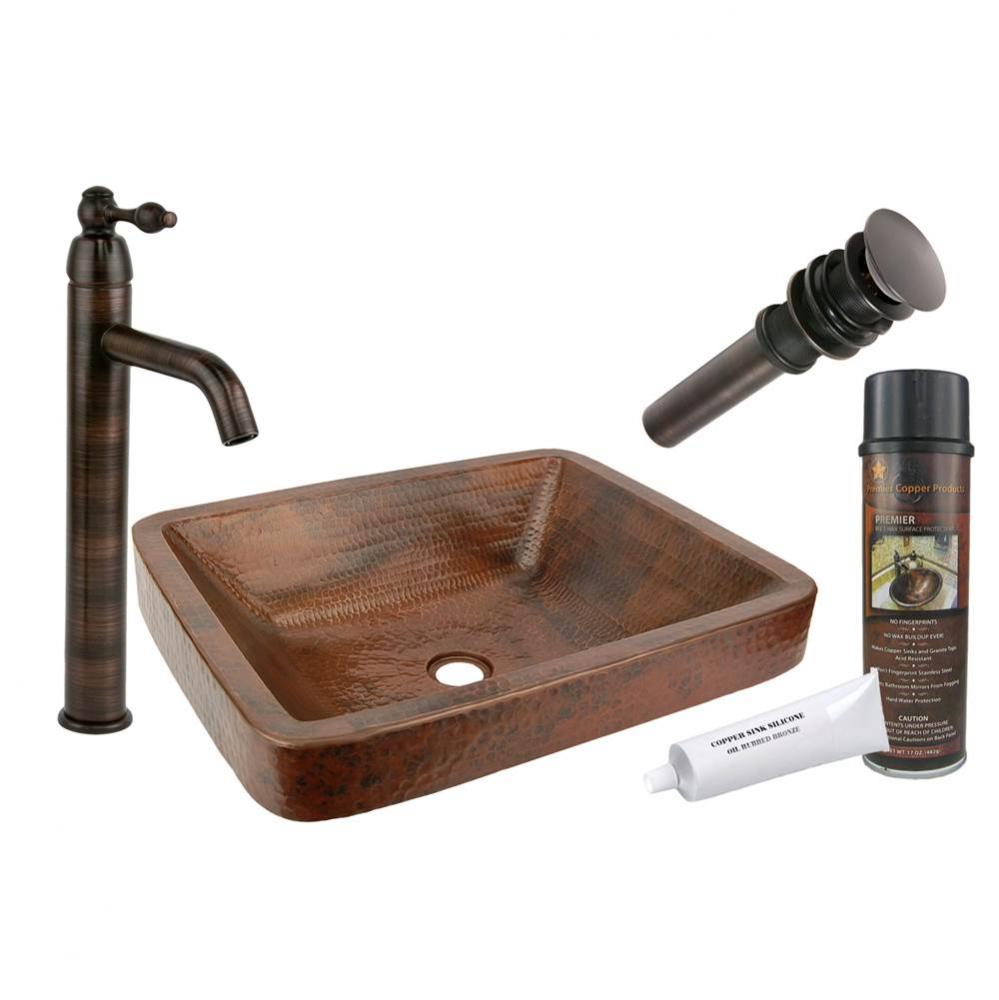 Rectangle Skirted Vessel Hammered Copper Sink with ORB Single Handle Vessel Faucet, Matching Drain