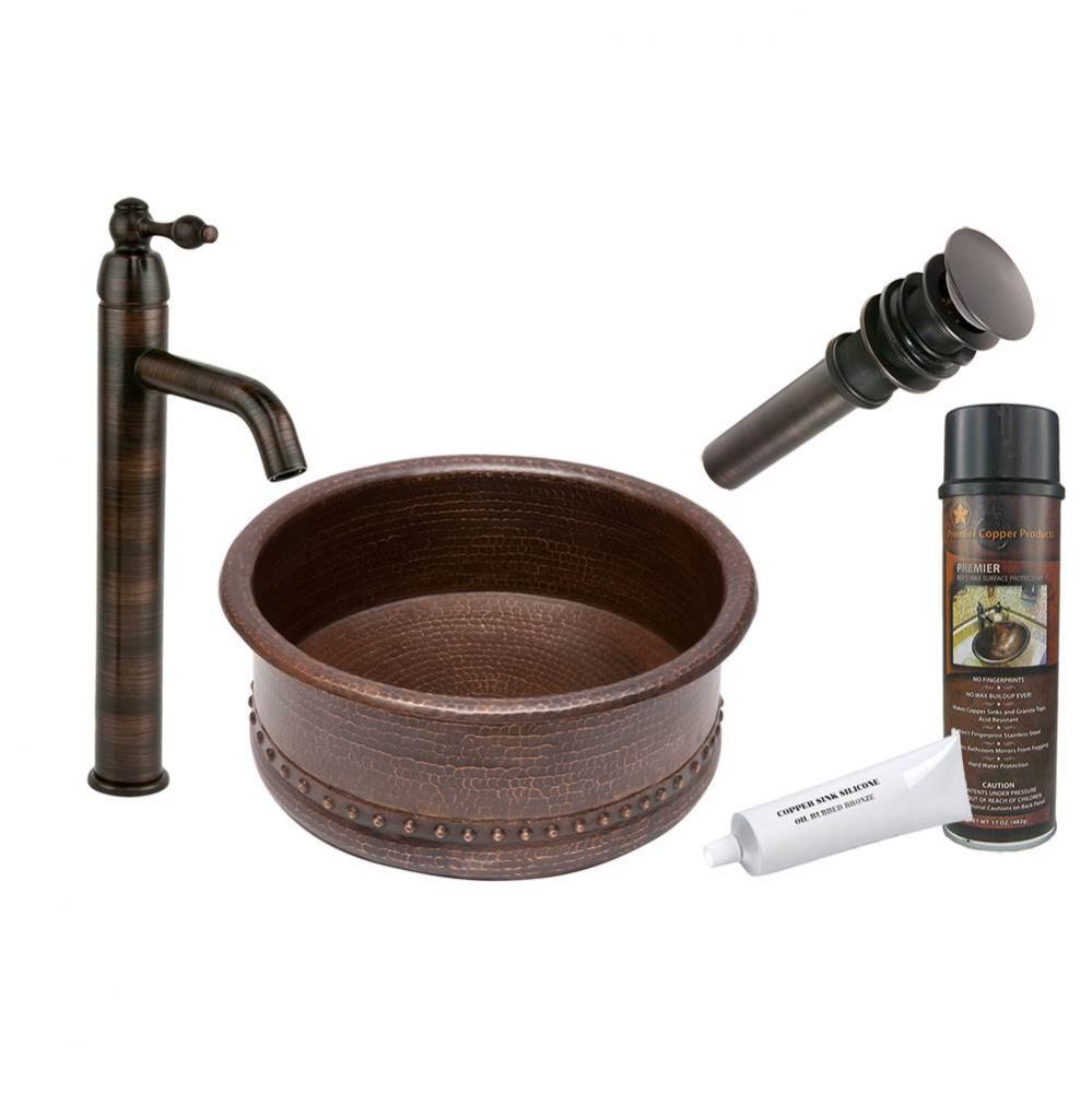 Round Vessel Tub Hammered Copper Sink with ORB Single Handle Vessel Faucet, Matching Drain and Acc