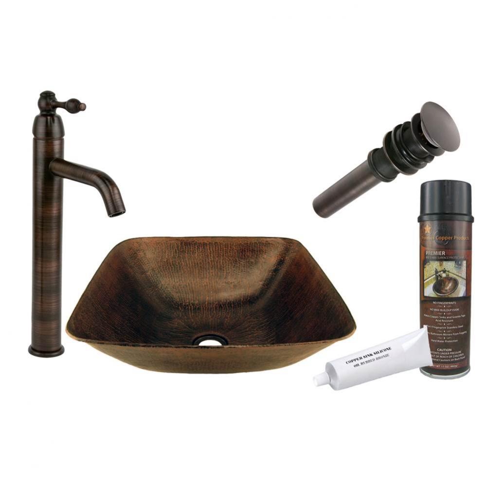 Square Vessel Hammered Copper Sink with ORB Single Handle Vessel Faucet, Matching Drain and Access