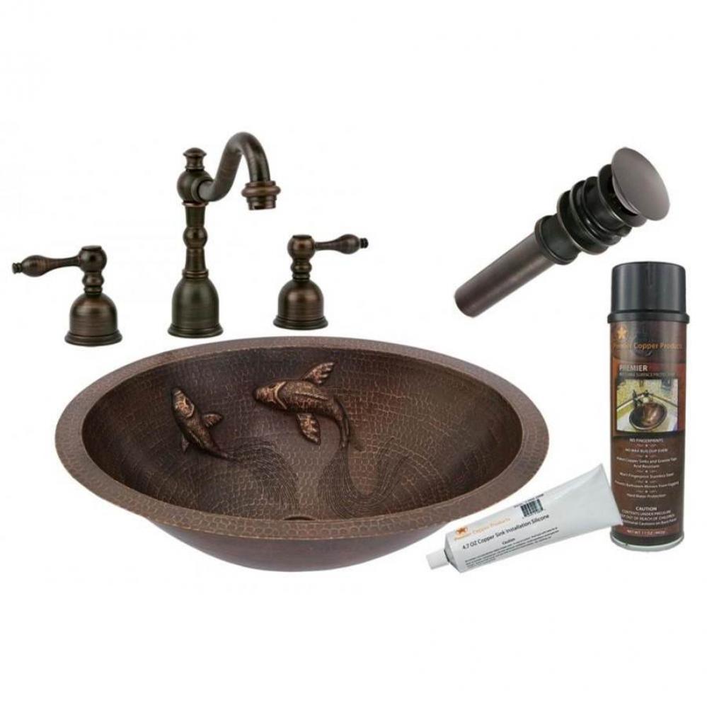 Oval Under Counter Hammered Copper Sink w/ Two Small Koi Fish Design with ORB Widespread Faucet, M
