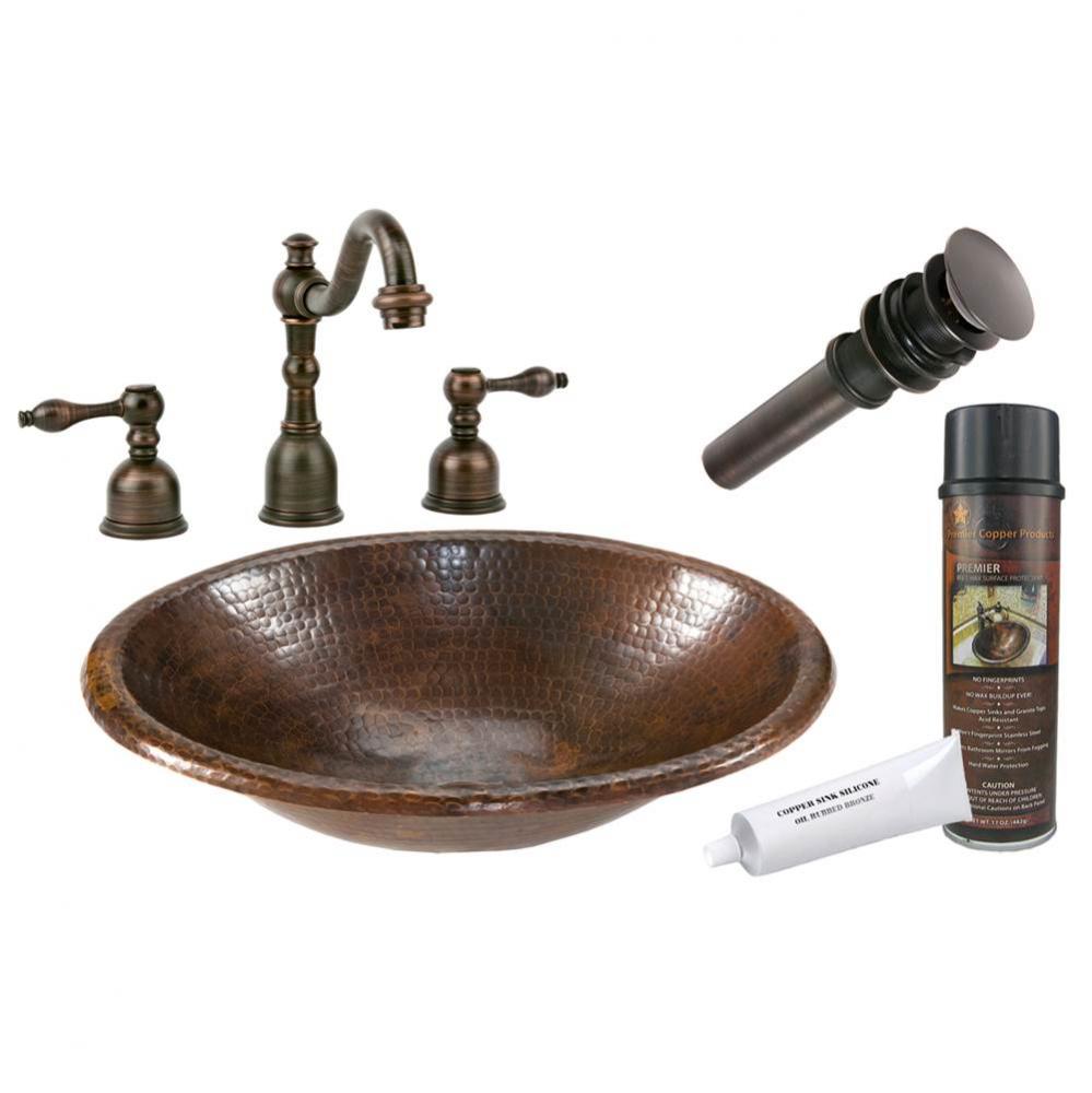 Small Oval Self Rimming Hammered Copper Sink with ORB Widespread Faucet, Matching Drain and Access