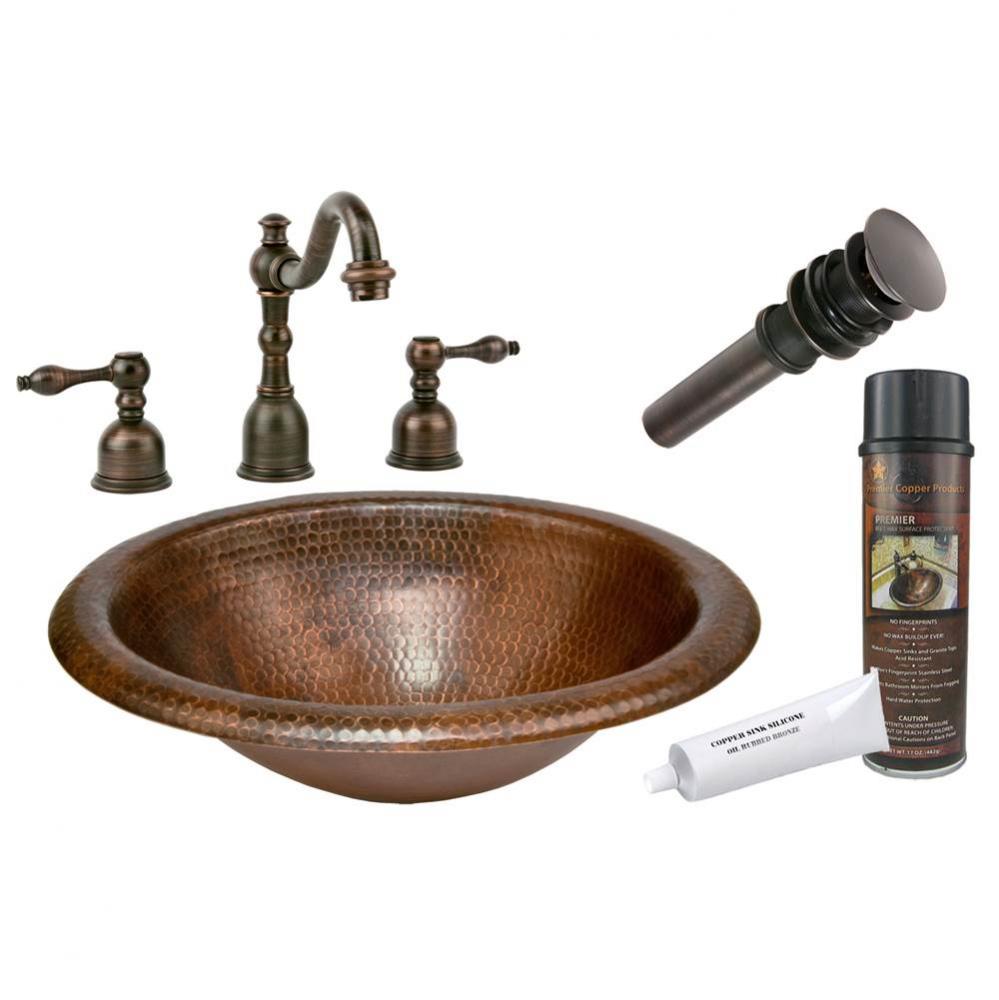 Wide Rim Oval Self Rimming Hammered Copper Sink with ORB Widespread Faucet, Matching Drain and Acc