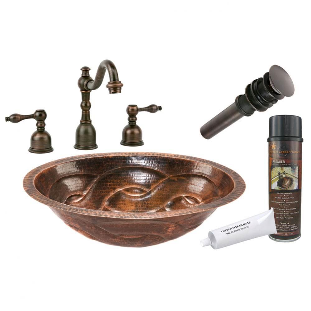 Oval Braid Under Counter Hammered Copper Sink with ORB Widespread Faucet, Matching Drain and Acces