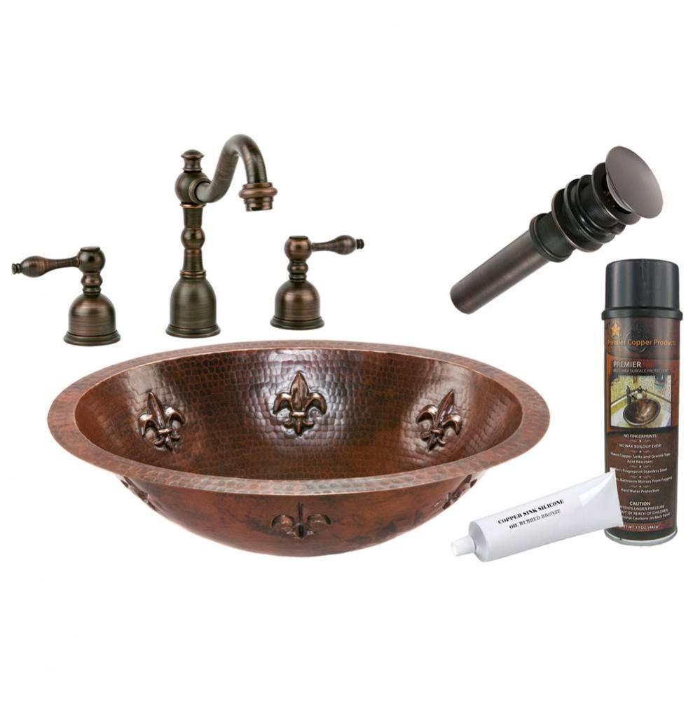 Oval Fleur De Lis Under Counter Hammered Copper Sink with ORB Widespread Faucet, Matching Drain an