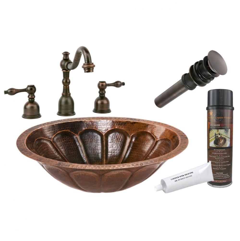 Oval Sunburst Under Counter Hammered Copper Sink with ORB Widespread Faucet, Matching Drain and Ac