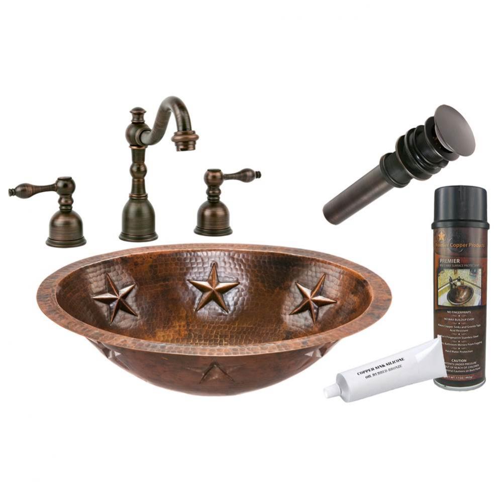 Oval Star Under Counter Hammered Copper Sink with ORB Widespread Faucet, Matching Drain and Access