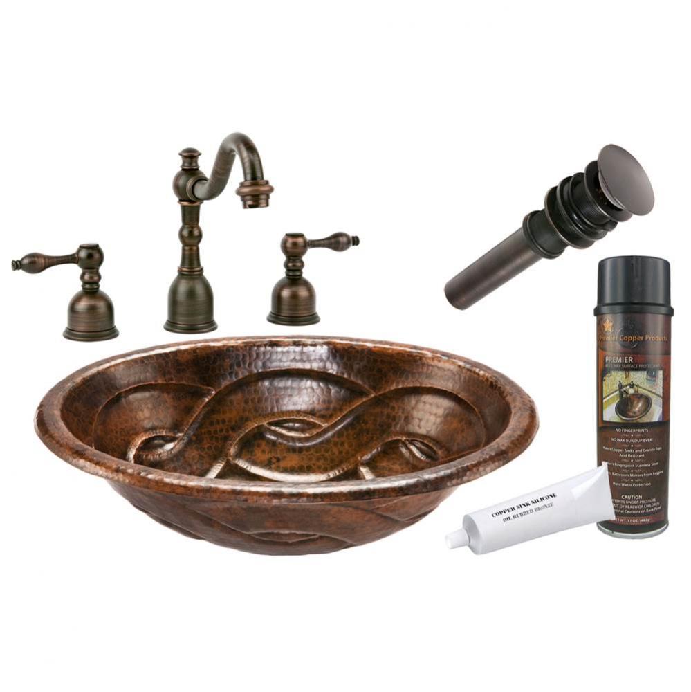 Oval Braid Self Rimming Hammered Copper Sink with ORB Widespread Faucet, Matching Drain and Access