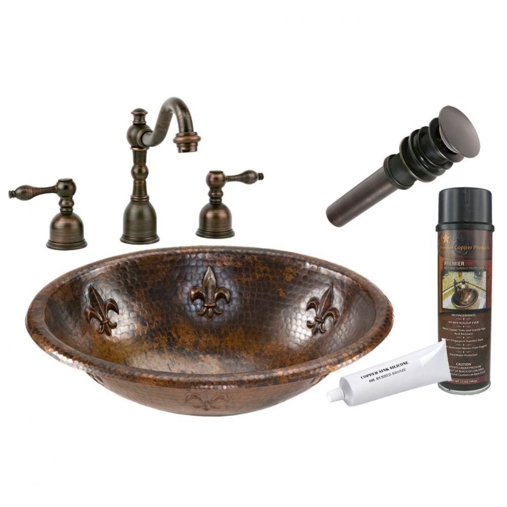 Oval Fleur De Lis Self Rimming Hammered Copper Sink with ORB Widespread Faucet, Matching Drain and